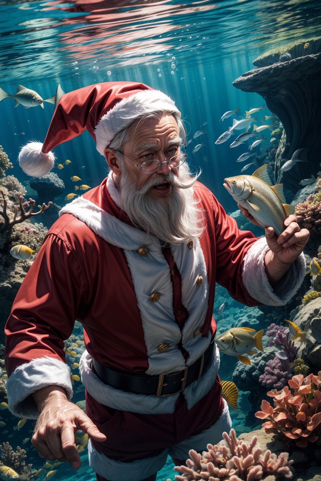 santa claus under water playing with fish 