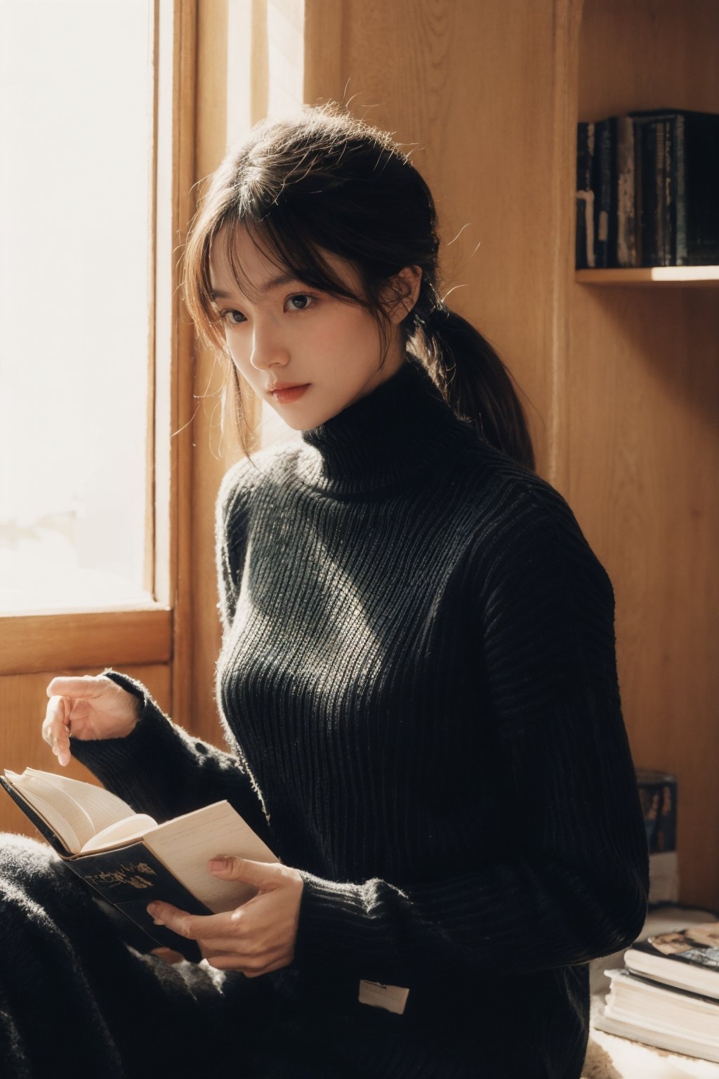 1girl, solo, long hair, looking at viewer, bangs, black hair, long sleeves, holding, brown eyes, sitting, ponytail, indoors, sweater, lips, book, turtleneck, ribbed sweater, holding book, open book, turtleneck sweater, realistic, reading, tatami, black sweater,High detailed 