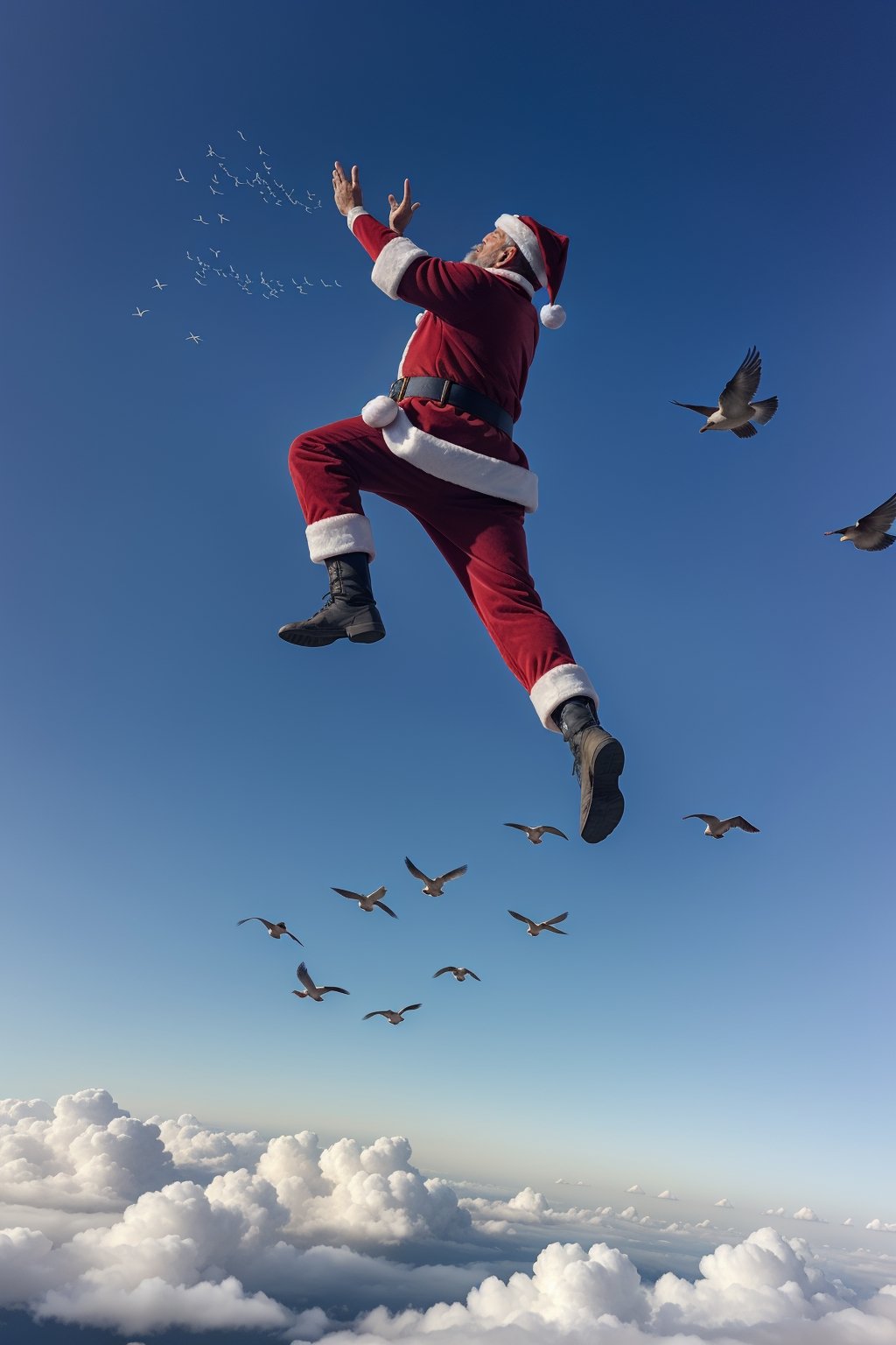 santa playing in sky with birds ,Masterpiece