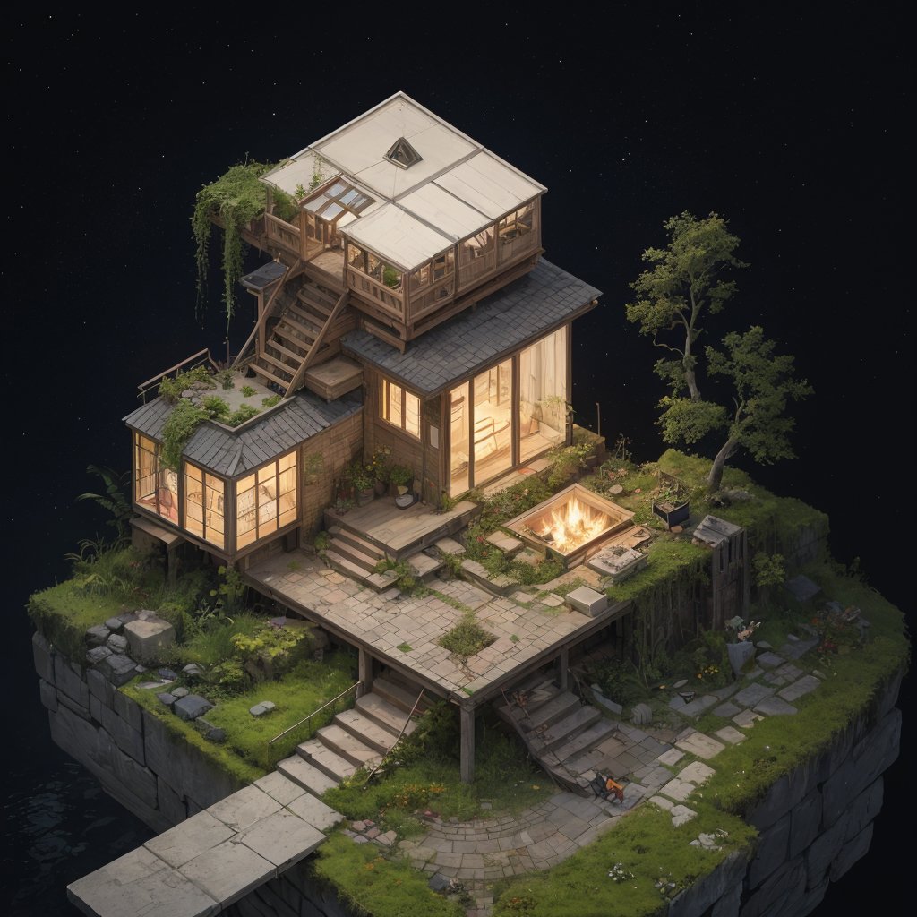 isometric, minimal,cube,modern,white,temple, bazar,cube_shape, bevel,cabin,carve_arc, stairs, garden,water_fall, moss, road_tile,camp_fire,black background, stars,void 