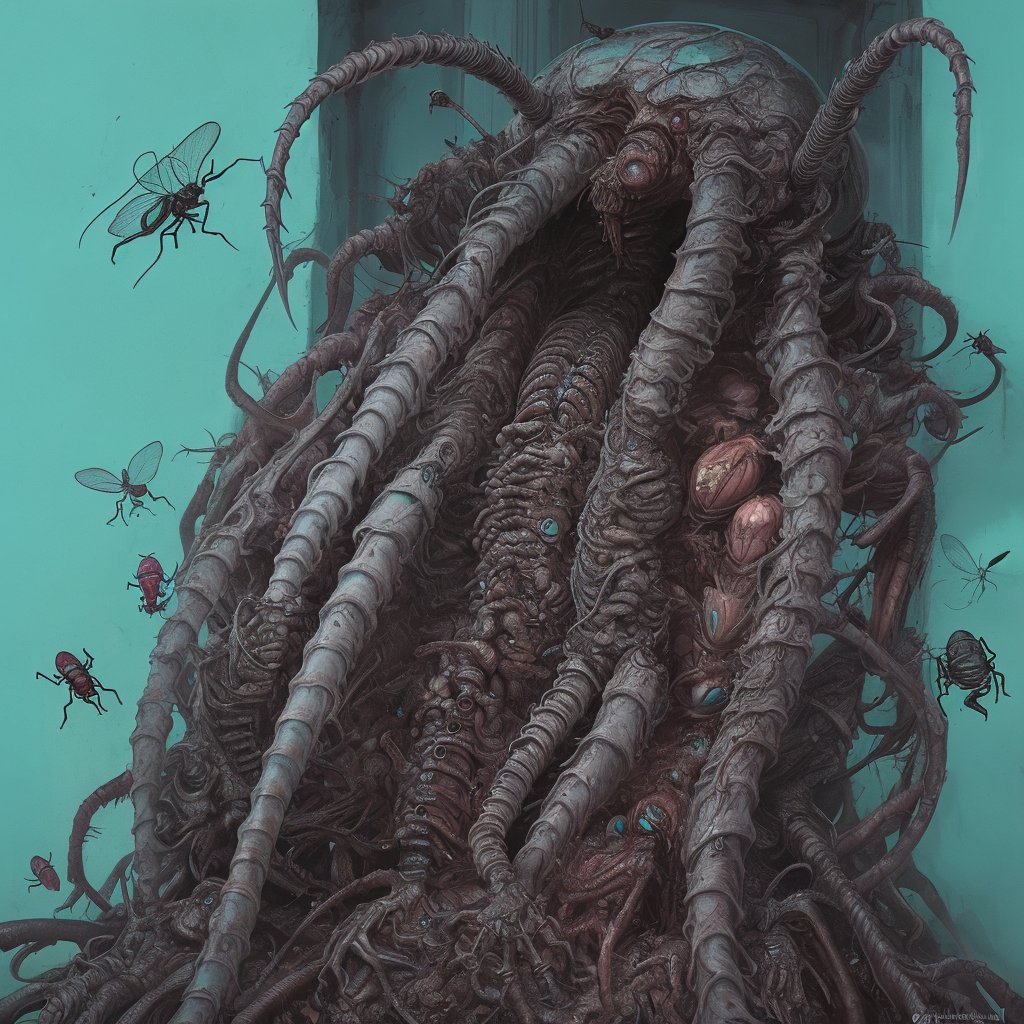 ,HR giger style,bugs,colony,rotten,gray,aqua