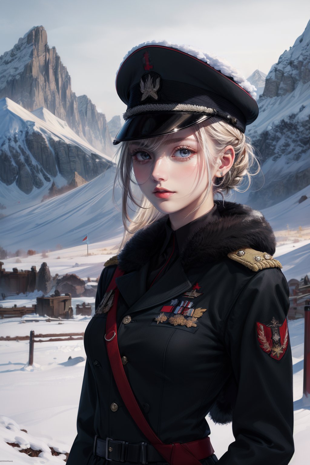 extra detailed, detailed anatomy, detailed face, detailed eyes, professional photography, beautiful 21 year old german lady, morning in the countryside, snow capped mountains, WWII,no_humans, (((black military uniform)))