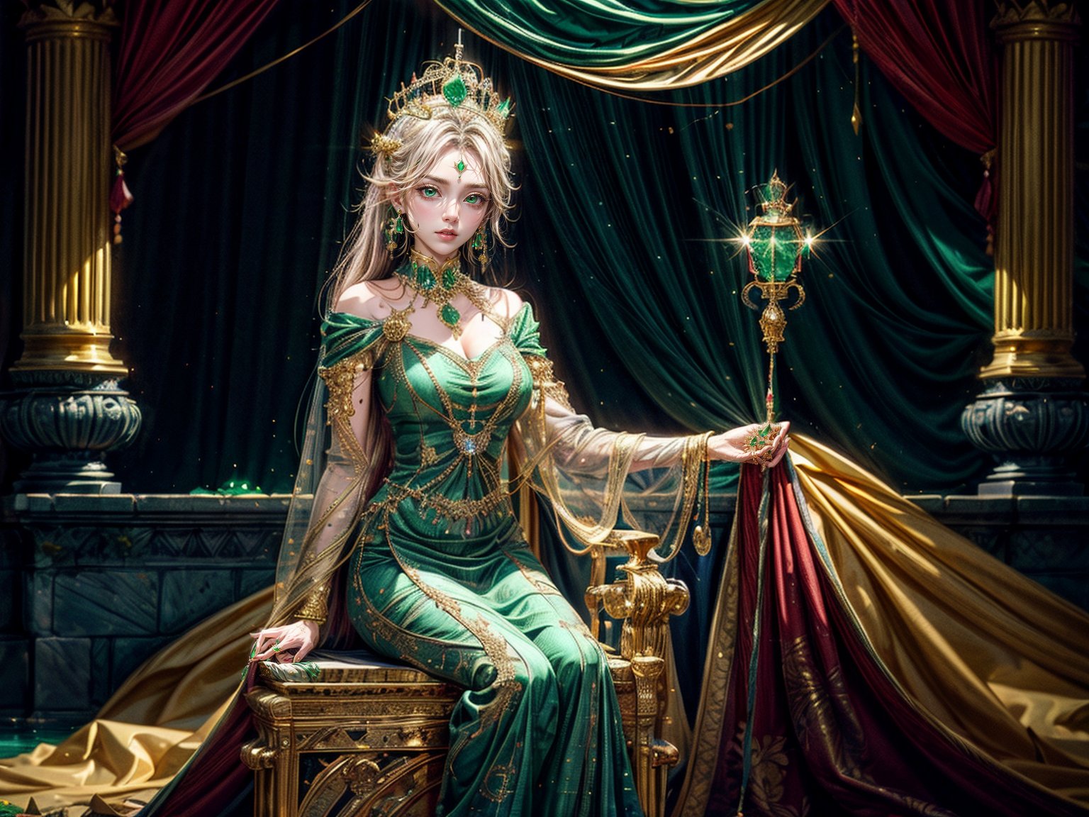 extra detailed, 1 girl, empress, throne room, background plants, golden floors, crown, fancy clothes, dazzling aura, emerald dress, golden jewelry, emeralds, water fountains, plants, detailed anatomy, detailed face, detailed eyes,perfecteyes,