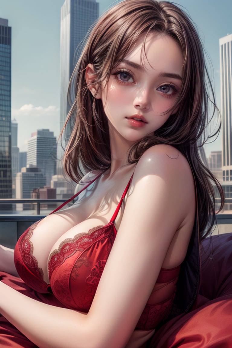 extra detailed, detailed anatomy, detailed face, detailed eyes, professional photography, beautiful 21 year old lady, lying down, sexy red lingerie, sloping, front view, top of a skyscraper, city in the background, perfect day, perfect body