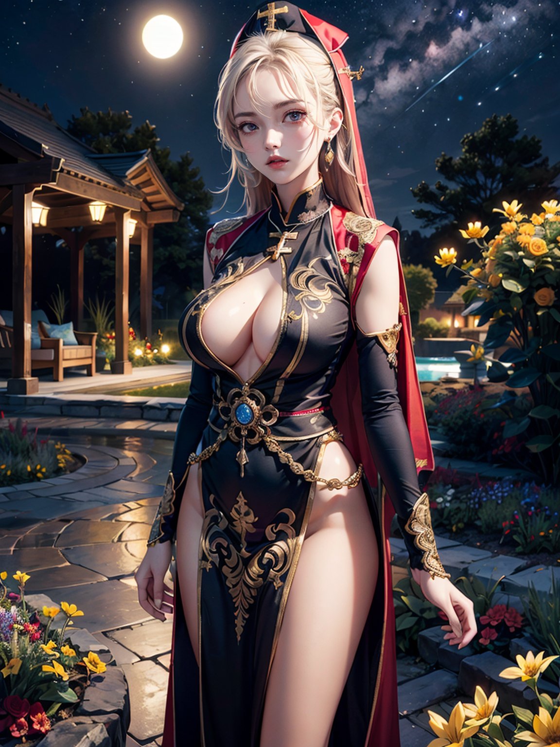 extra detailed, 1 girl, priest, gardens, bright flowers, (((at night))), ceremonial clothing, standing, detailed anatomy, detailed eyes, detailed face, large breasts, bare chest, nipples, perfect breasts, detailed breasts