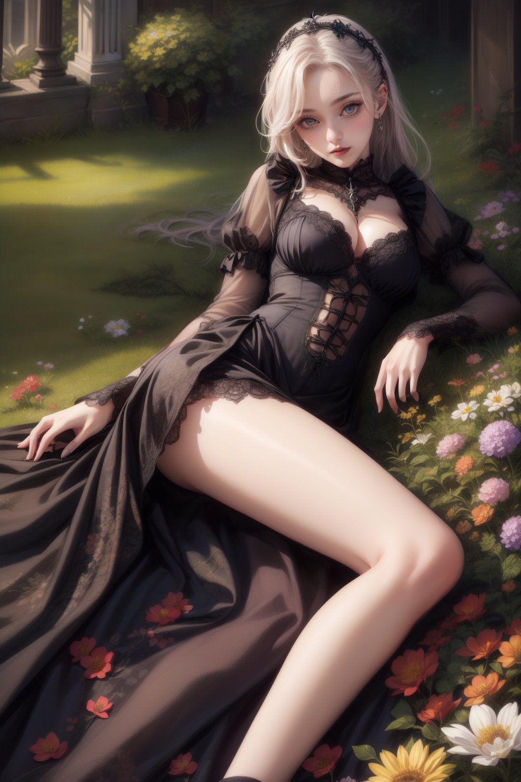 extra detailed, detailed anatomy, detailed face, detailed eyes, professional photography, beautiful 21 year old lady, lying down, gothic clothing, flower bed