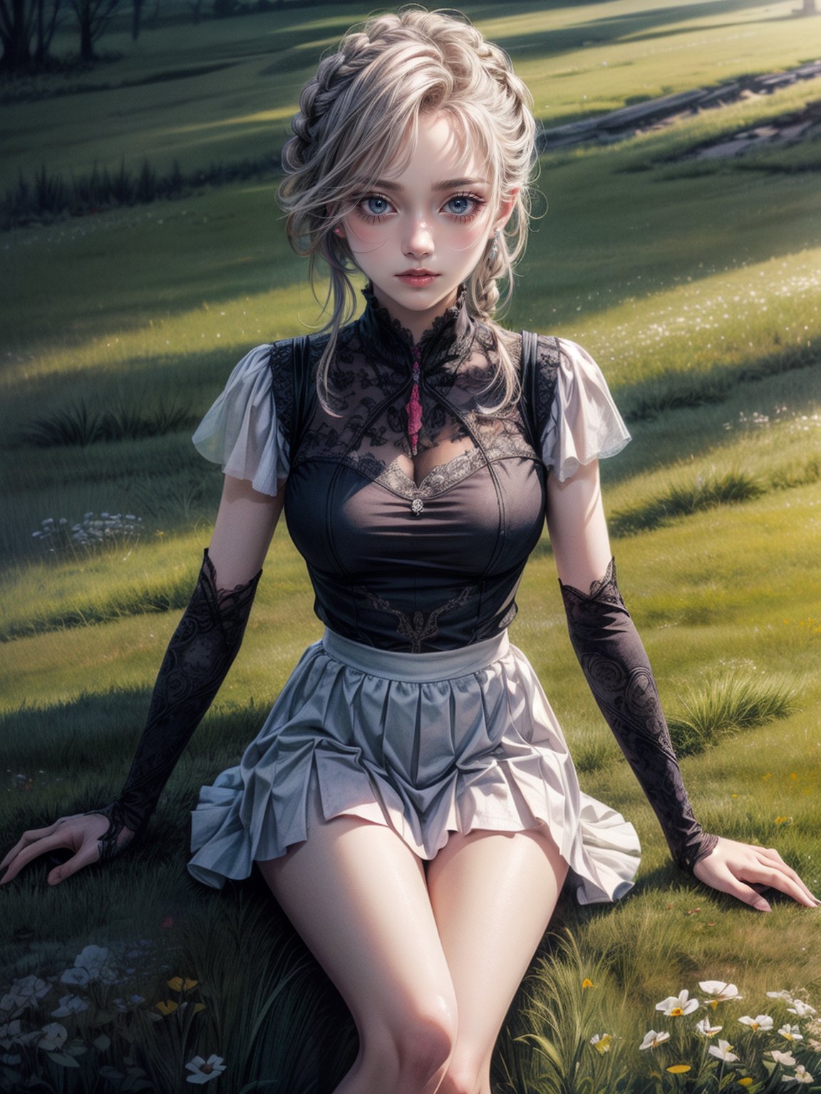 extra detailed, detailed anatomy, detailed face, detailed eyes, 1 girl, german braid, sitting on grass, white skirt, black top, field,