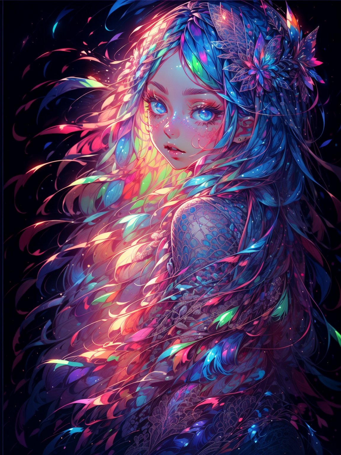 artwork, art representing warmth and security, colorful, extra detailed, professional photography, ornament, intricate details, (((beautiful lady)))), colorfulmix,1 girl, lace, color explosion, multicolor, perfect eyes, perfect face,colorfulmix