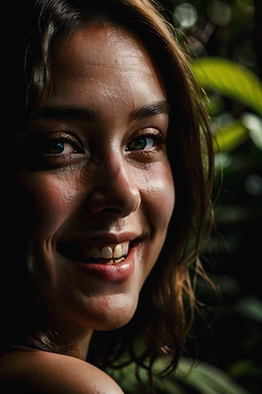  Portrait photo of 24 y.o woman, wearing white dress, perfect face , smile, blonde, cinematic shot, soft dramatic lighting in a rainforests ,perfecteyes