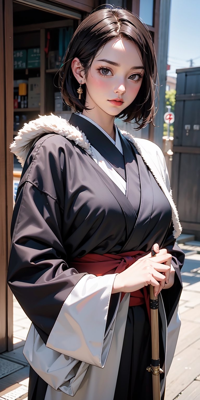 8k, best quality, (lifelike:1.4), original photo, 1 girl, Nakano Takeko hair, naginata, traditional Japanese armor, posture: leading charge against imperial forces, determined black eyes

