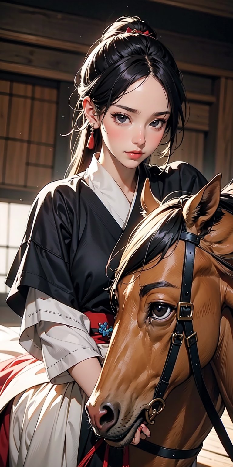 8k, best quality, (lifelike:1.4), original photo, 1 girl, Tomoe Gozen hair, yumi bow, samurai armor, posture: mastering bowmanship on horseback, focused black eyes
