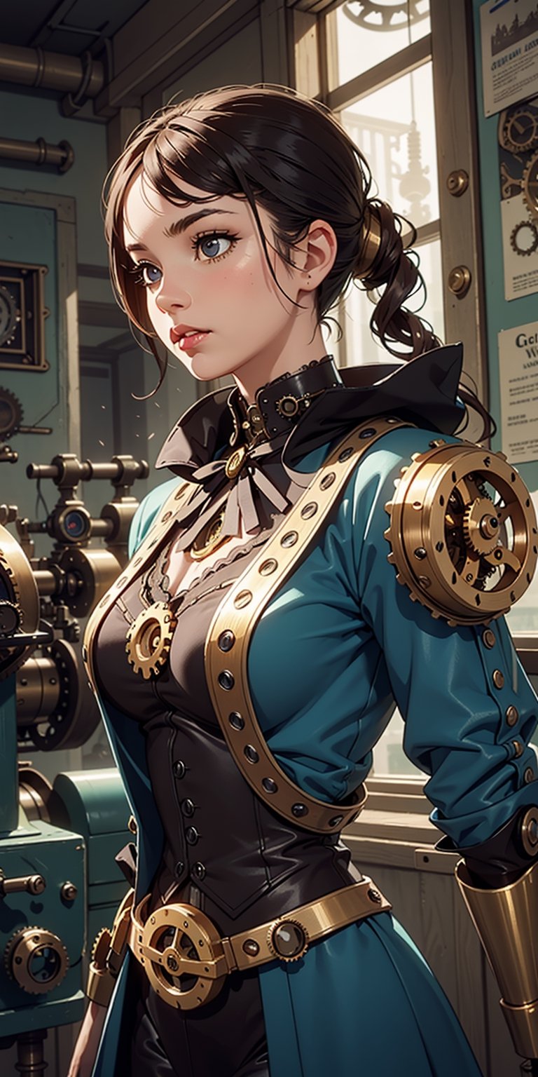 1 girl, upper body, single focus, steampunk appearance, Victorian steampunk attire, steam-powered accessories, (steampunk style: 1.4), (mechanical wonders: 1.3), steampunk features, retro-futuristic aura, [depth of field, ambient lighting, steampunk fashion foreground, retro-futuristic look], Steampunk Sci-Fi, steam-powered marvels, retro-futuristic inventions, (mechanical gadgets), (clockwork details: 1.2), intricate details, enhanced lighting.
