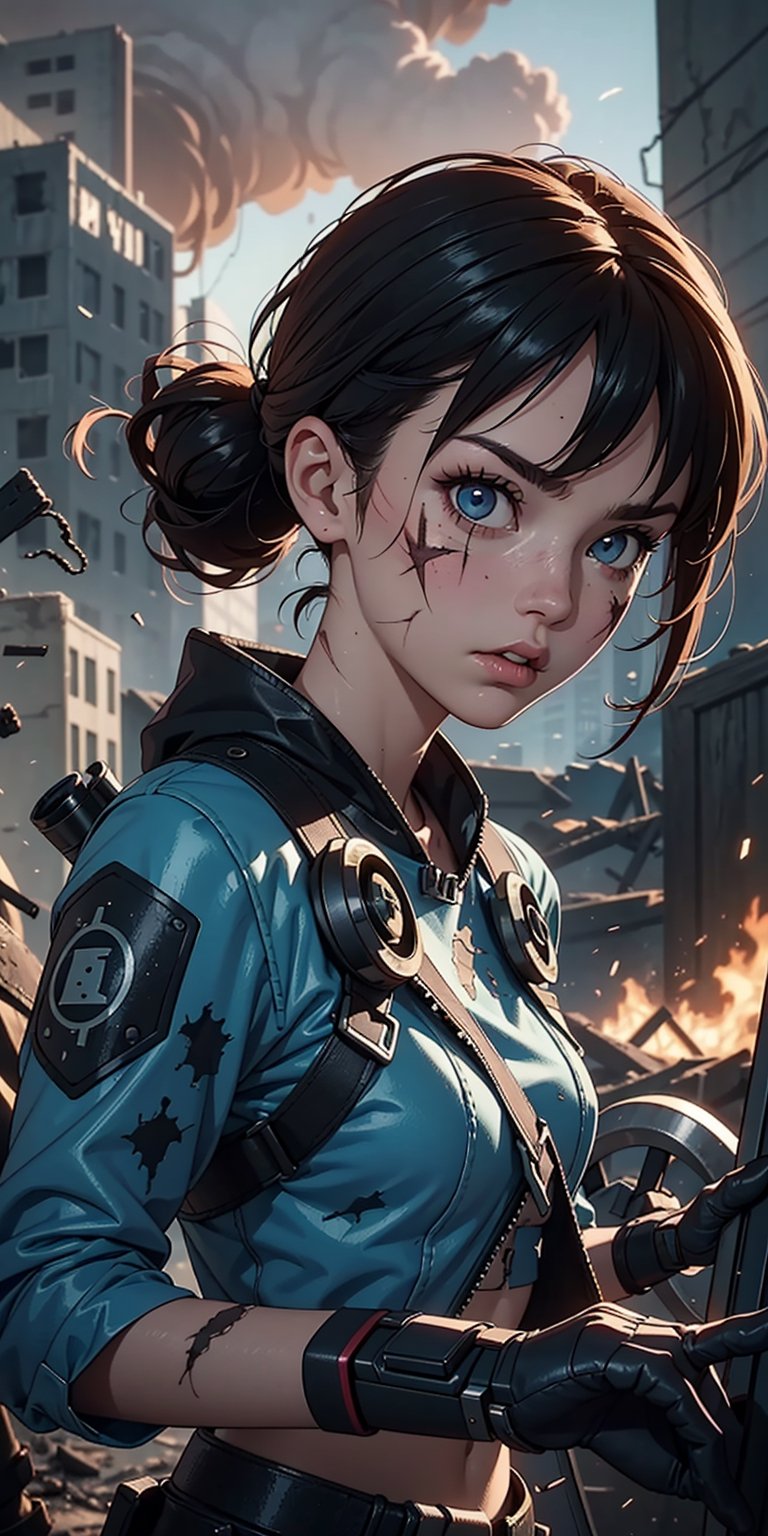 1 girl, upper body, single focus, survivor appearance, apocalyptic attire, battle-hardened look, (apocalyptic world: 1.4), (fighting for humanity: 1.3), cybernetic features, gritty aura, [depth of field, ambient lighting, post-apocalyptic style foreground, battle-ready appearance], Apocalyptic Sci-Fi, survival, post-cataclysmic world, (make-shift tech), (battle-scarred gear: 1.2), intricate details, enhanced lighting.
