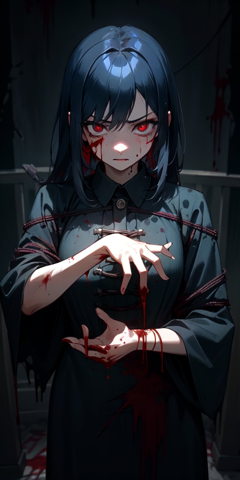 ((masterpiece)), best quality, 8k, high quality, high resolution, super detailed, ultra detailed, photorealistic, beautiful and finely detailed face and eyes, ultra detailed and detailed skin texture, expressive eyes, 1 girl, gory makeup, (blood-splattered hair), haunting red eyes, torn asylum gown, bloodied hands, (barbed wire), restraints, haunted stance, tortured expression, ((tormented stare)), midnight, grim basement, flickering candles, decaying furniture, (supernatural torment), (haunting), since the darkness descended, Isabella, tortured eyes, psychological horror background.