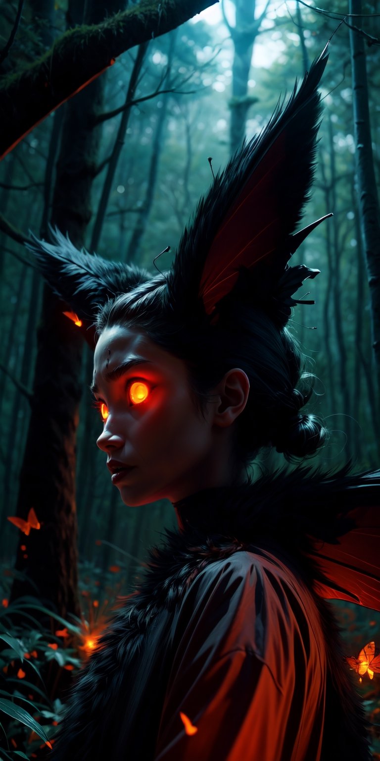 dark forest background, Heat, insanevoid, glowing eyes, extra eyes, horror \(theme\), moth girl, moth wings, antennae, neck fur