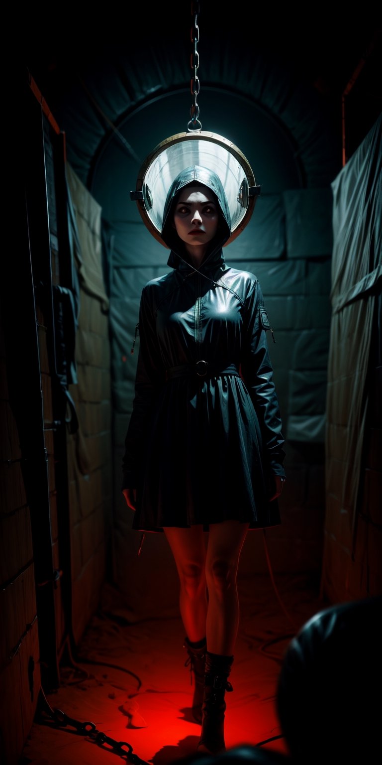 1 girl, upper body, single focus, enigmatic beauty, Claustrophobia-inspired attire, straitjacket dress, chains wrapping around body, (confined space backdrop: 1.4), (oppressive silence: 1.3), enigmatic features, eerie aura, [depth of field, ambient lighting, suffocating darkness foreground, haunting ambiance], Constricted Terror, suffocating whispers, haunting presence, (pounding heartbeats), (echoing footsteps: 1.2), intricate details, enhanced lighting.

