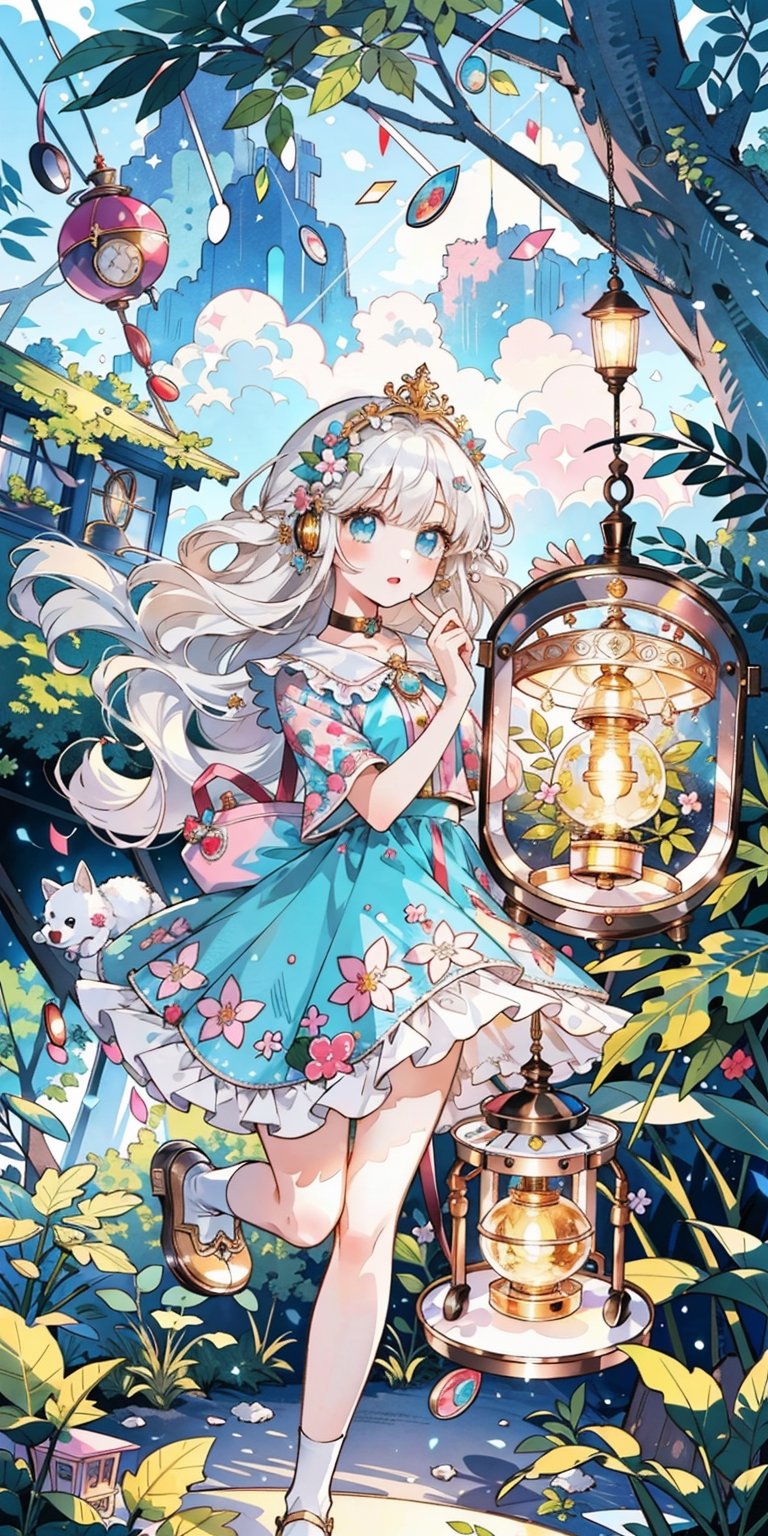 (masterpiece, best quality, highres:1.3), ultra resolution image, (1girl), (solo), kawaii, white hair, fluffy clouds, sweet, stuffed animal, tree house, lantern softly glowing, fantasy, dreamy, joyful energy, gentle, dreamy, cozy, charm of childhood, (nature music box:1.5), tiny flower crown, delight, innocent, liveliness, nature accessories, garden, gentle breeze