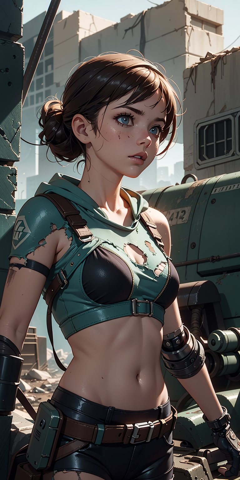 1 girl, upper body, single focus, survivor appearance, rugged post-apocalyptic attire, gritty wasteland, (post-apocalyptic setting: 1.4), (fighting for survival: 1.3), cybernetic features, dystopian aura, [depth of field, ambient lighting, apocalyptic style foreground, cybernetic modifications], Post-Apocalyptic Dystopia, survival, cybernetic wasteland, (improvised tech), (battle-worn accessories: 1.2), intricate details, enhanced lighting.
