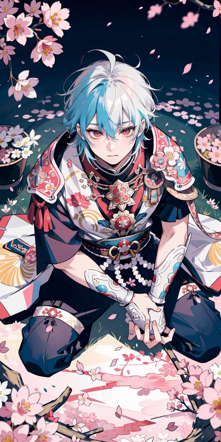 (masterpiece, best quality), (colorful:1.4), from above, solo, a samurai warrior, clad in ornate armor adorned with the crest of his clan, kneels in meditation beneath the blooming cherry blossoms of a serene garden, the soft petals falling around him like whispers of ancient wisdom, depth of field, fisheye lens
