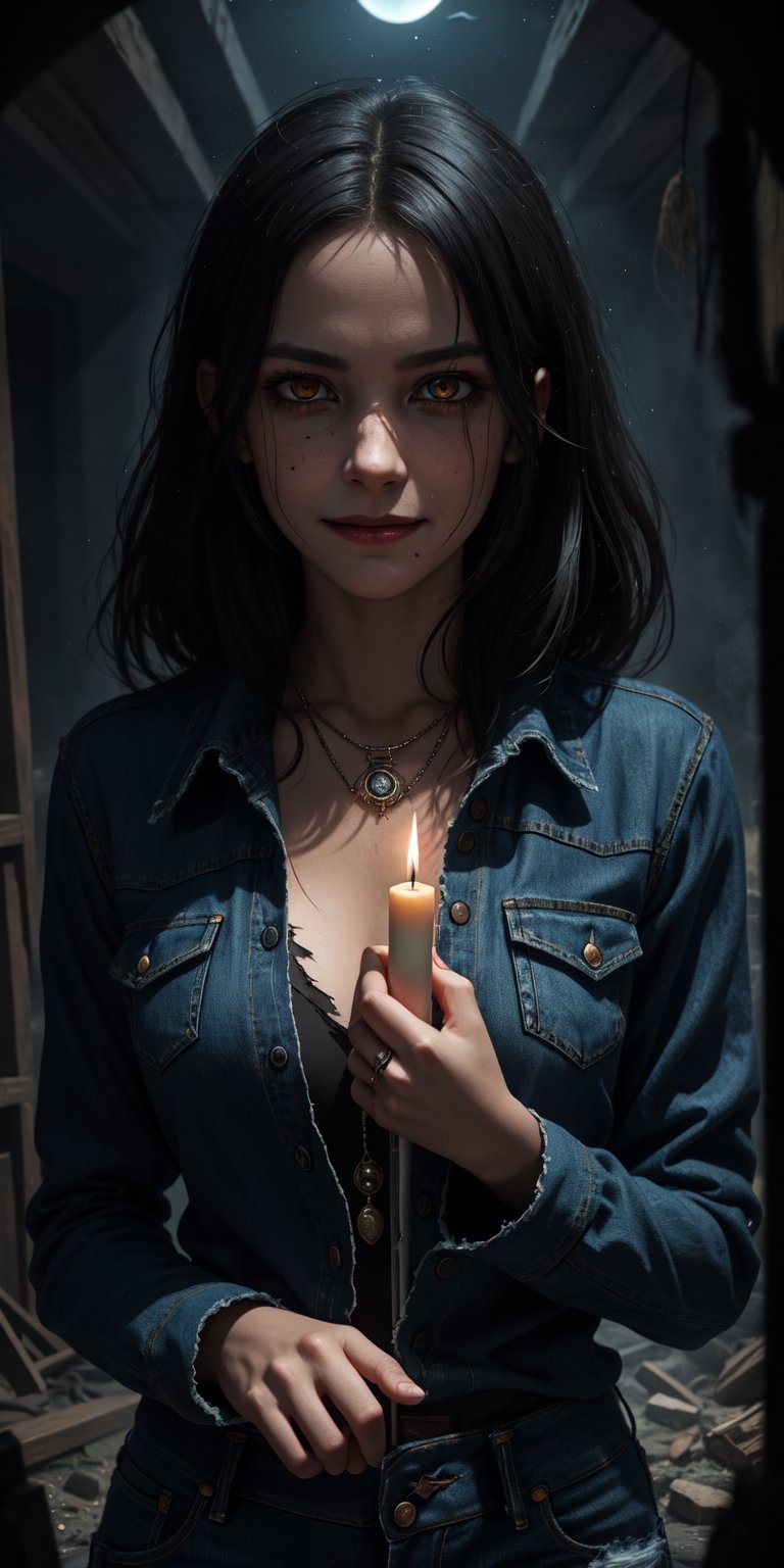 ((masterpiece)), best quality, 8k, high quality, high resolution, super detailed, ultra detailed, photorealistic, eerie and finely detailed face and eyes, ultra detailed and detailed skin texture, malevolent eyes, perfect face, 1 girl, disheveled black hair, (torn jeans), haunted eyes, (cursed artifact), (ominous presence), surrounded by flickering candles and old tomes, holding a cursed amulet, tormented expression, ((haunting smile)), night, ancient crypt, cobwebs, chilling atmosphere, (whispering echoes), (faint ethereal wails), since forgotten eras, Evangeline, tormented eyes, "The Mummy" inspired background.