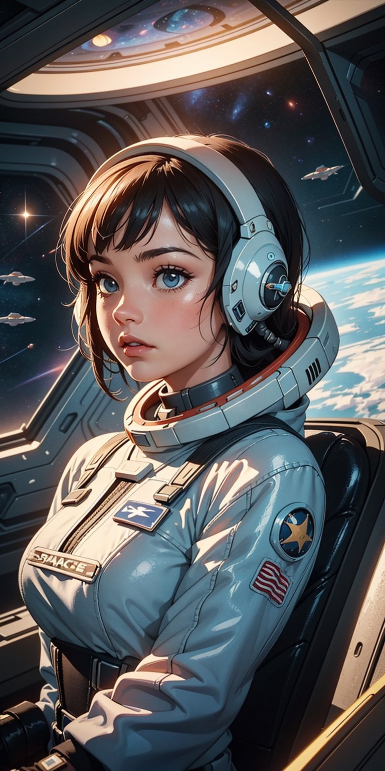 1 girl, upper body, single focus, retro-futuristic appearance, classic sci-fi attire, space adventure, (vintage spaceship: 1.4), (exploring new frontiers: 1.3), retro-futuristic features, adventurous aura, [depth of field, ambient lighting, classic sci-fi look foreground, futuristic backdrop], Classic Space Sci-Fi, space exploration, retro-futuristic adventure, (retro gadgets), (vintage flair: 1.2), intricate details, enhanced lighting.
