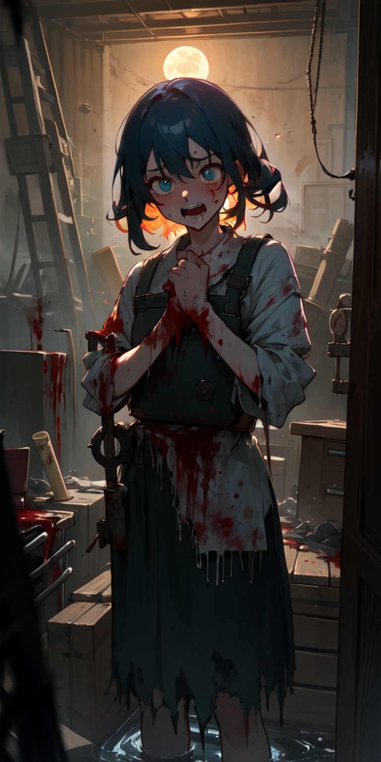 ((masterpiece)), best quality, 8k, high quality, high resolution, super detailed, ultra detailed, photorealistic, beautiful and finely detailed face and eyes, ultra detailed and detailed skin texture, expressive eyes,1 girl, disheveled hair, (bloody hands), frenzied eyes, shredded clothes, holding a severed limb, (bloody tools), blood-soaked room, standing amidst carnage, wild expression, ((disturbed laughter)), midnight, decrepit morgue, rusty equipment, broken drawers, (gushing pipes), (moonlit), since dusk, Victoria, unhinged eyes, grotesque horror background