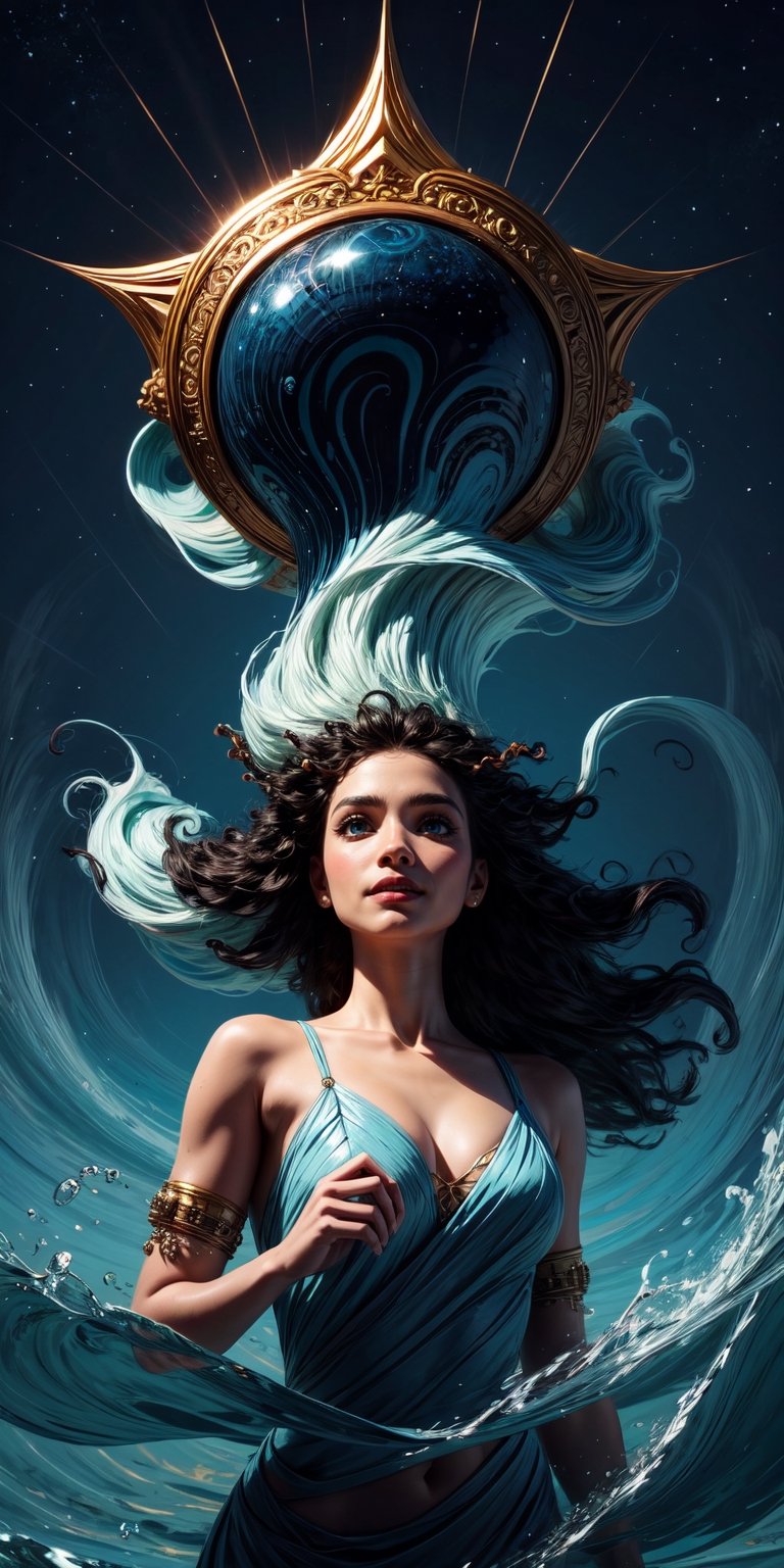 Masterpiece, Best Quality, Ocean Sapphire Hair Color, Serene and Majestic, Flowing Waves with Aquatic Ornaments, Deep Blue Eye Color, Tranquil, 1 Goddess, Yemoja, Glancing Head, Oceanic Gaze, Benevolent Smile, Marine Realm, Celestial Conch, Yoruba Mythology, waves, (magic:0.7), (from the heavens:0.7)