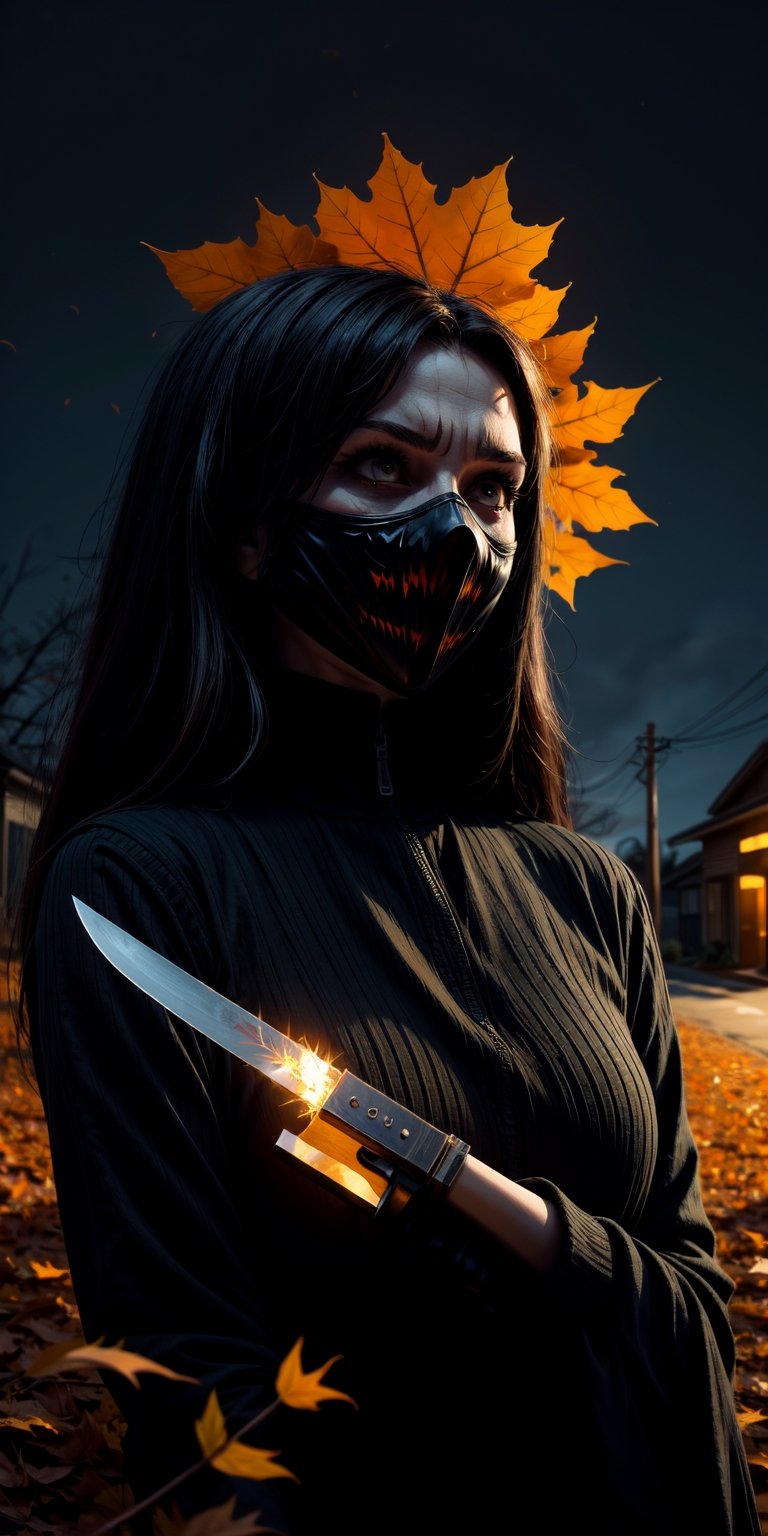 1 girl, upper body, single focus, enigmatic beauty, Halloween-inspired attire, iconic mask, butcher knife, (suburban street backdrop: 1.4), (sinister whispers: 1.3), enigmatic features, eerie aura, [depth of field, ambient lighting, ominous shadows foreground, haunting ambiance], Haddonfield Horror, sinister whispers, haunting presence, (screaming victims), (crackling leaves: 1.2), intricate details, enhanced lighting.
