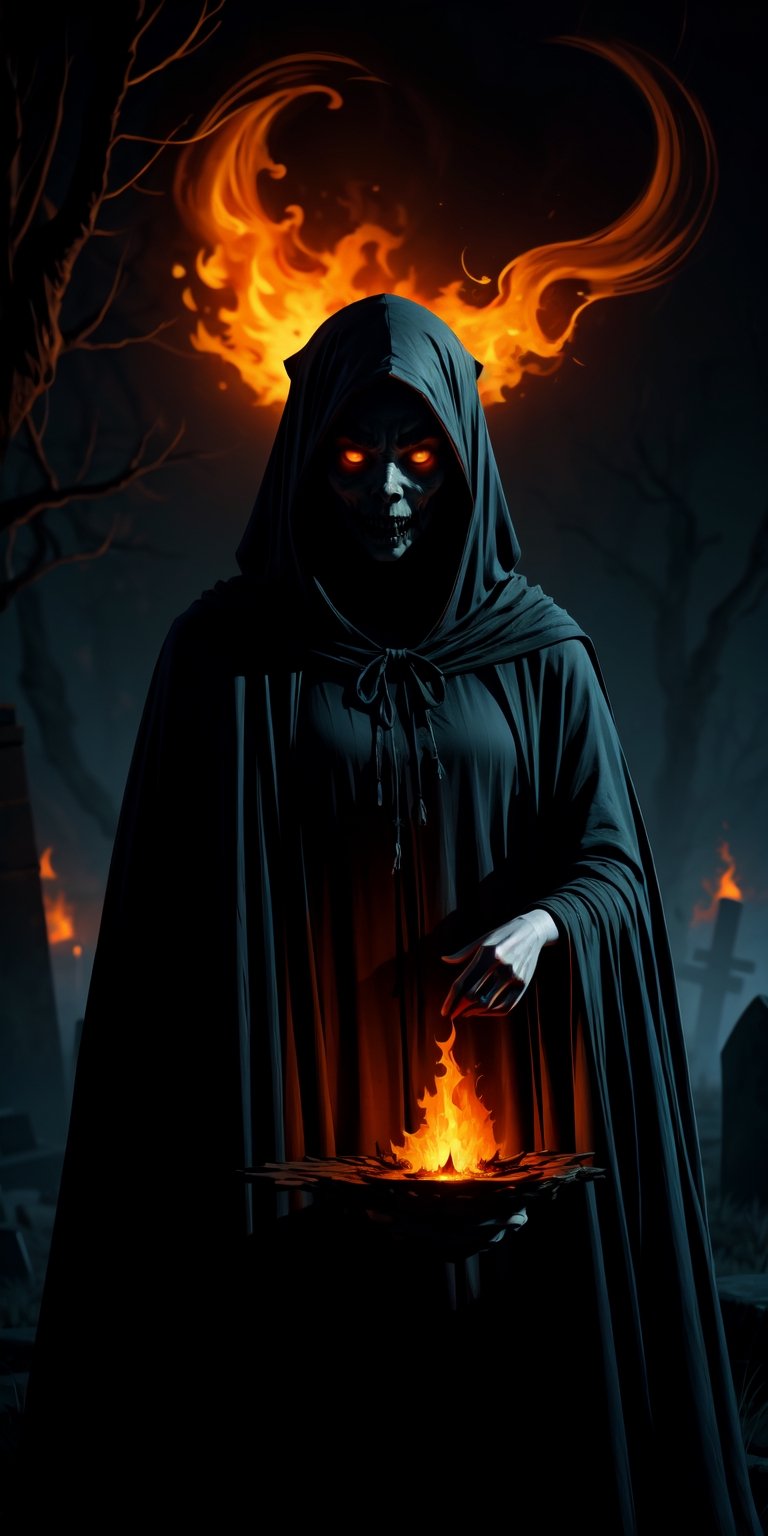 Enshrouded in the Haunted Graveyard, Radiating Heat, Emanating from the Abyss, Eyes Glowing with Unearthly Fire, Additional Eyes Peering from the Shadows, Immersed in Horror, Banshee Wraith, Phantom Wings, Ethereal Presence, Draped in Tattered Cloak

