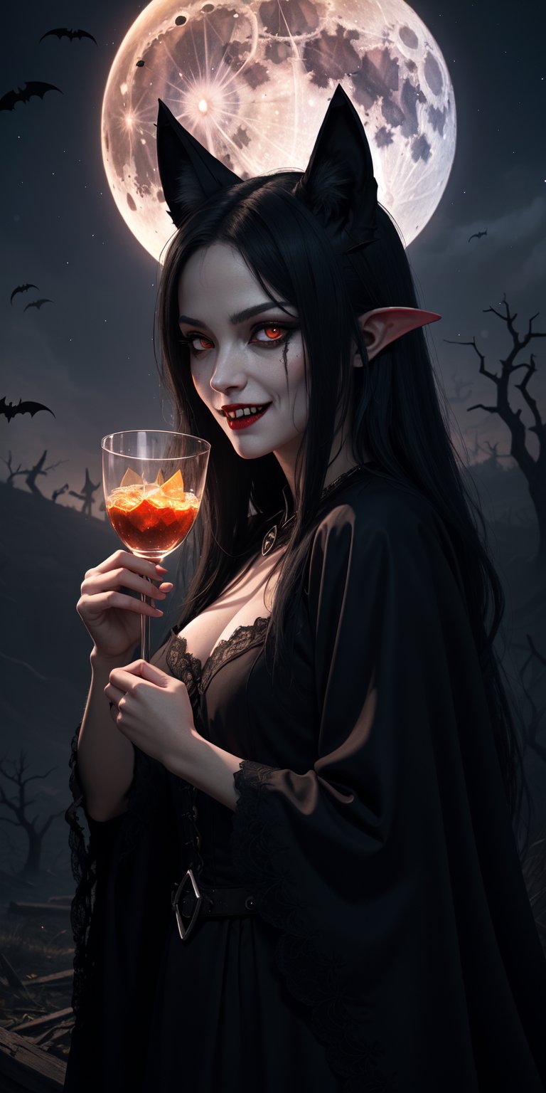 ((masterpiece)), best quality, 8k, high quality, high resolution, super detailed, ultra detailed, photorealistic, eerie and finely detailed face and eyes, ultra detailed and detailed skin texture, malevolent eyes, perfect face, 1 girl, porcelain skin, (vampire attire), crimson lips, (sharp fangs), (eternal aura), clutching a goblet of blood, standing in a decaying Gothic castle, alluring expression, ((sinister smile)), night, full moon, misty graveyard, immortal ambiance, (fluttering bats), (distant wolf howls), since centuries ago, Seraphina, mesmerizing eyes, "Dracula" inspired background.