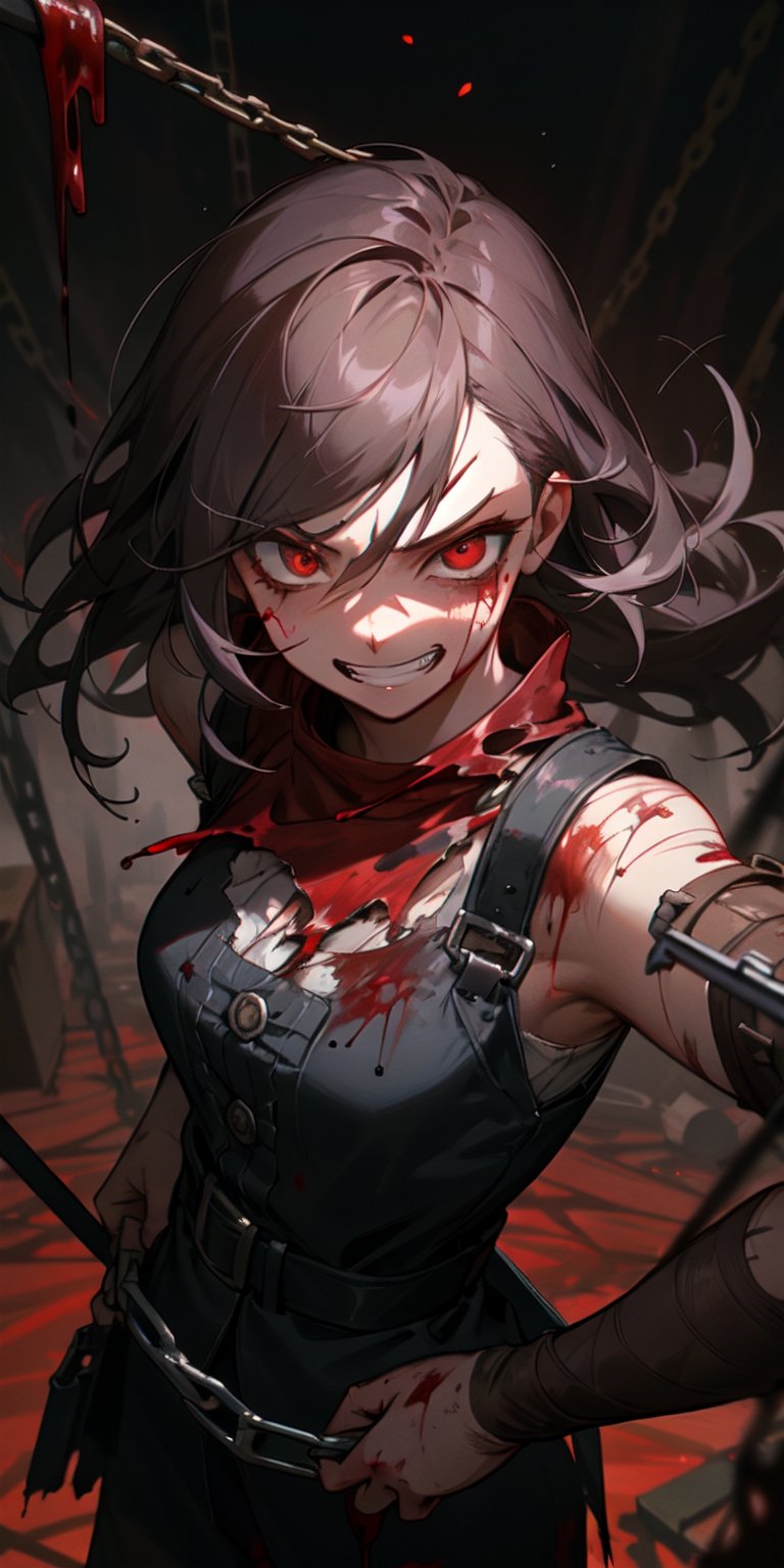 ((masterpiece)), best quality, 8k, high quality, high resolution, super detailed, ultra detailed, photorealistic, beautiful and finely detailed face and eyes, ultra detailed and detailed skin texture, expressive eyes, 1 girl, disheveled hair, (blood-soaked hair), crimson eyes, torn and gore-stained attire, bloodied hands, (bloody weapon), scars, frenzied stance, maniacal gaze, ((bloodthirsty grin)), moonlit night, abandoned slaughterhouse, rusted hooks, hanging chains, (hunting prey), (stormy), since nightfall, Jocelyn, bloodlust eyes, slaughter horror background.