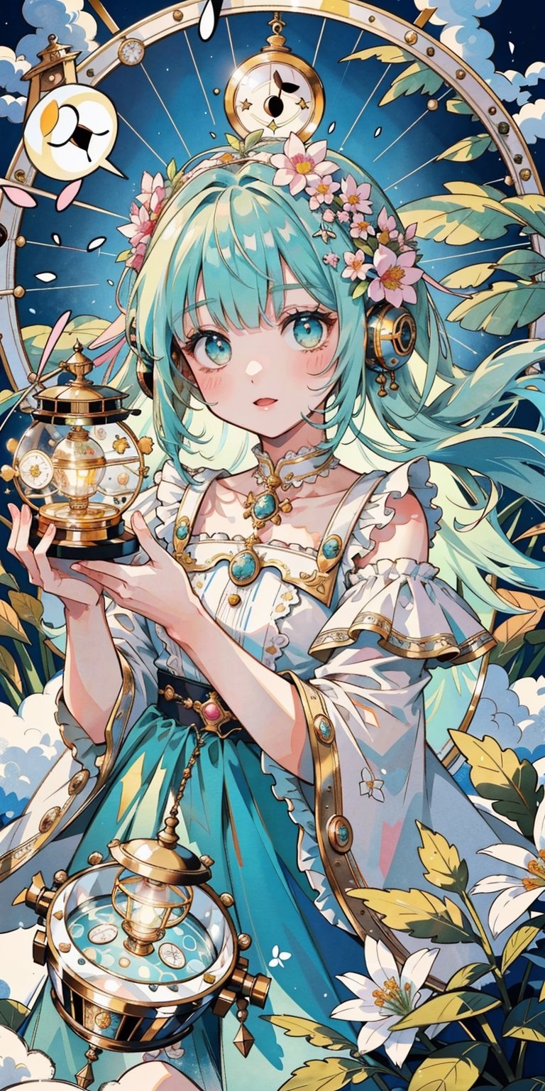 (masterpiece, best quality, highres:1.3), ultra resolution image, (1girl), (solo), kawaii, mint hair, wispy fog, sweet, fluffy lamb, celestial palace, lantern softly glowing, fantasy, dreamy, joyful energy, gentle, dreamy, cozy, charm of childhood, (nature music box:1.5), tiny flower crown, delight, innocent, liveliness, nature accessories, mountaintop, gentle breeze