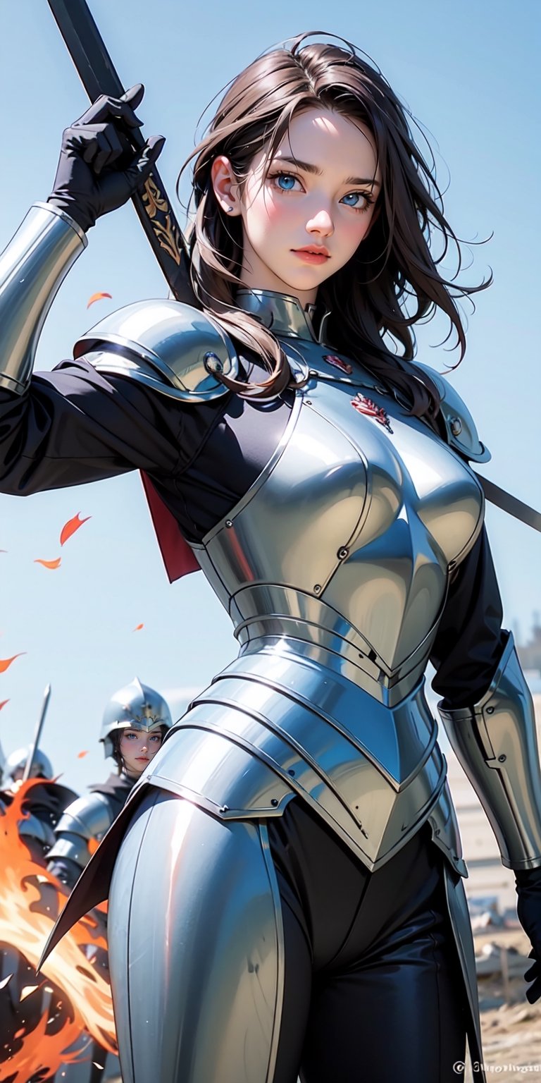 8k, best quality, (lifelike:1.4), original photo, 1 girl, Joan of Arc hair, sword of righteousness, armor of valor, posture: leading charge into battle, fiery blue eyes
