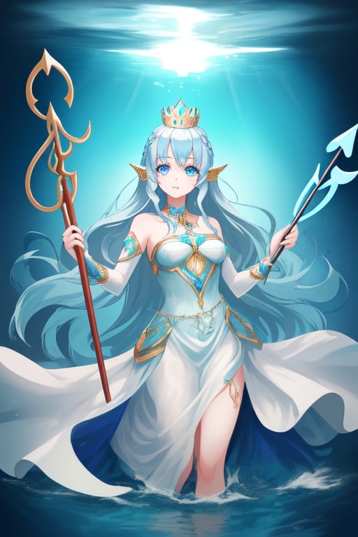beautiful water goddess with light blue eyes light blue hair wearing a dress and a silver crown with a trident in her hand
