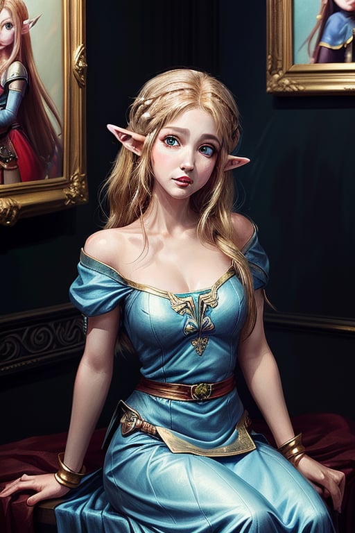 blond haired woman with blue dress and gold jewelry sitting in front of a painting, portrait of princess zelda, portrait of zelda, princess zelda, portrait of an elf queen, beautiful and elegant elf queen, artgerm on artstation pixiv, artgerm julie bell beeple, zelda style art, artgerm. anime illustration, elf princess