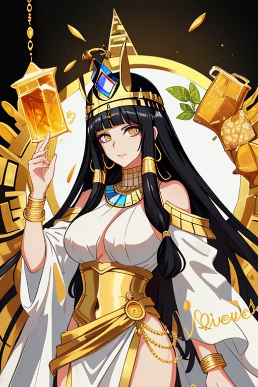 black haired queen cleopatra of egypt with honey colored eyes wearing a white tunic and a large golden egyptian crown