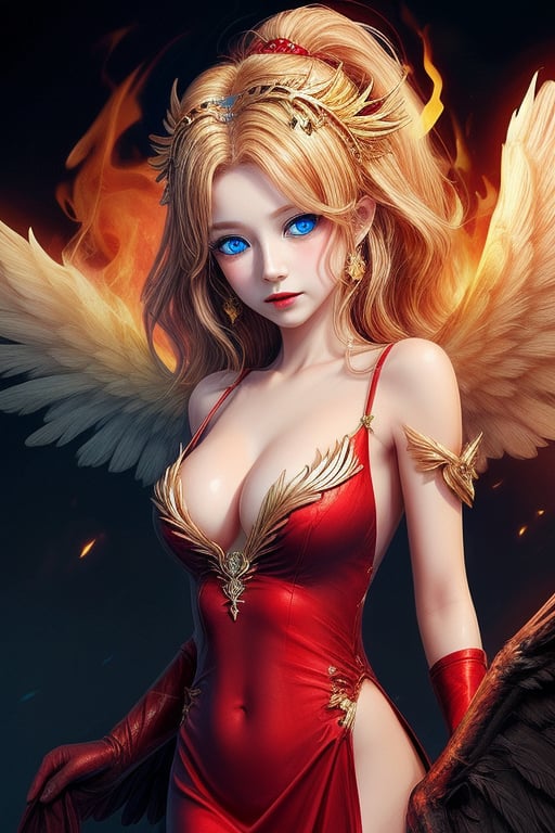 Fire goddess with golden hair a red dress blue eyes and a pair of wings