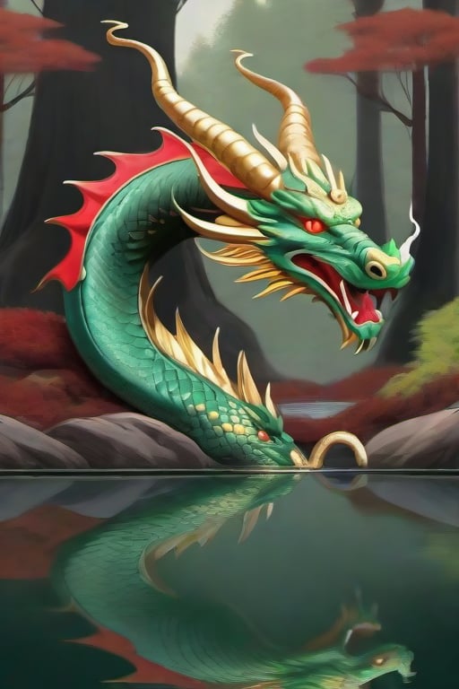 An oriental dragon with golden horns, green scales and red eyes coming out of a lake in the forest