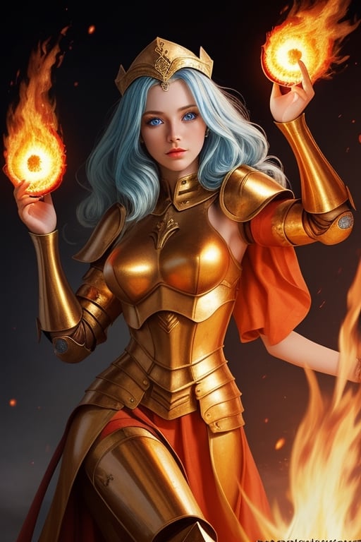 beautiful goddess of fire with blue eyes golden hair wearing medieval armor and a fireball in her right hand