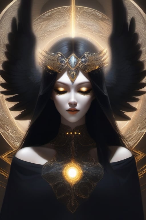 An angel with six wings, adorned with feathers that shimmer like the dawn's light in tones of silver and gold, stands in all its splendor. Its wings unfold with an impressive span, emitting an aura of power and authority that radiates into the surrounding air.

Its figure is cloaked in a black mantle, as dark as the starlit night, flowing with grace and mystery around its ethereal form. The mantle extends from its shoulders to the ground, gently rippling like a living shadow as it moves.

However, what captures the most attention is the mask on its angelic visage. Carved from skillfully polished obsidian, the mask stretches from its forehead to its chin, veiling its divine features in an enigmatic shroud. Its eyes, concealed behind the mask, glimmer with a supernatural luminance, like brilliant stars that shine in the darkness. Despite the concealment, the intensity of its gaze is palpable, as if it could penetrate the hearts and souls of those who encounter it.

This enigmatic and majestic angel, with its wings of light, dark mantle, and enigmatic mask, represents a unique balance between divine radiance and the hidden mystery within the shadows.

I hope this translation captures the essence of the description you provided. If you have any further specifics in mind or any other requests, feel free to let me know.