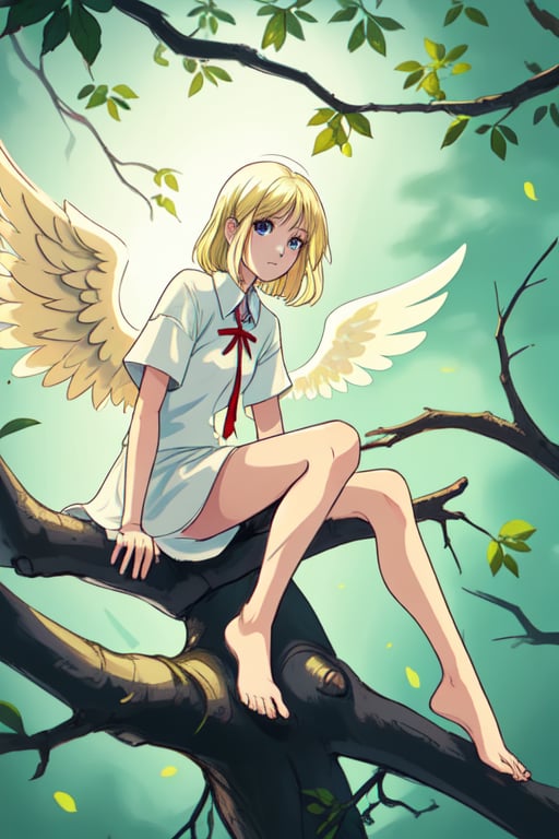 Angel with bare blonde hair with two wings sitting on a tree branch