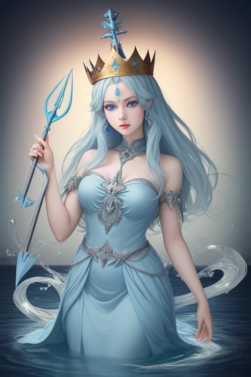 beautiful water goddess with light blue eyes light blue hair wearing a dress and a silver crown with a trident in her hand