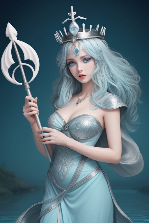 beautiful water goddess with light blue eyes light blue hair wearing a dress and a silver crown with a trident in her hand