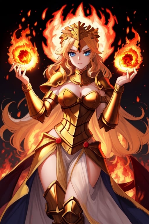 beautiful goddess of fire with blue eyes golden hair wearing medieval armor and a fireball in her right hand