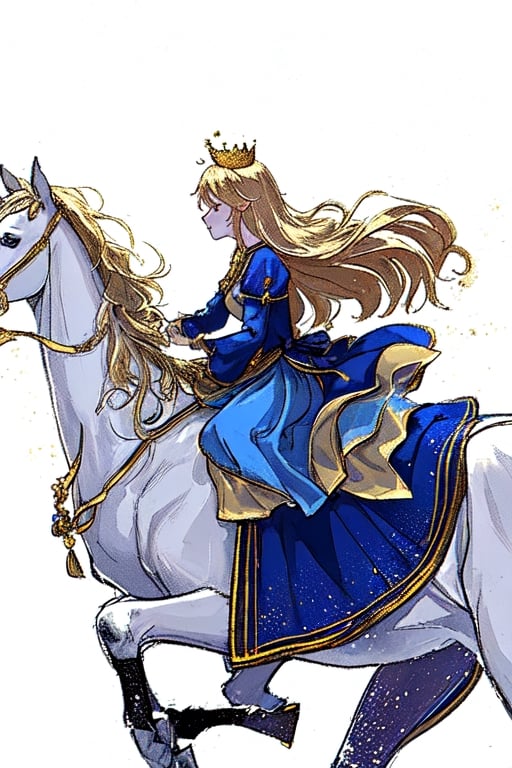 side view of a beautiful princess riding a white horse with long golden hair and blue dress wearing a golden crown on her head on a white background with trees