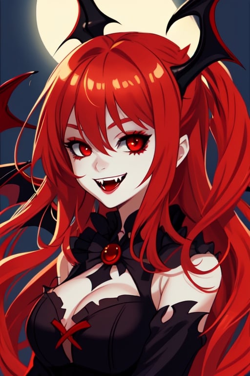 beautiful red-eyed vampire smiling and showing her fangs