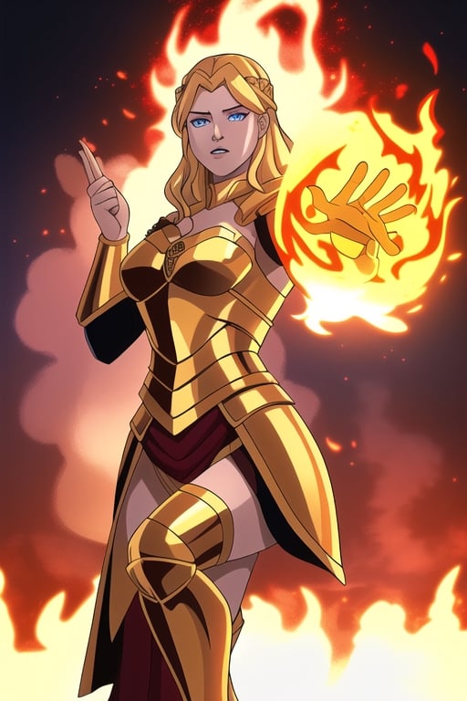 beautiful goddess of fire with blue eyes golden hair wearing medieval armor and a fireball in her right hand