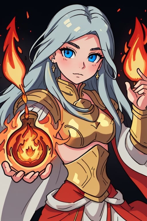 beautiful goddess of fire with blue eyes golden hair wearing medieval armor and a fireball in her right hand