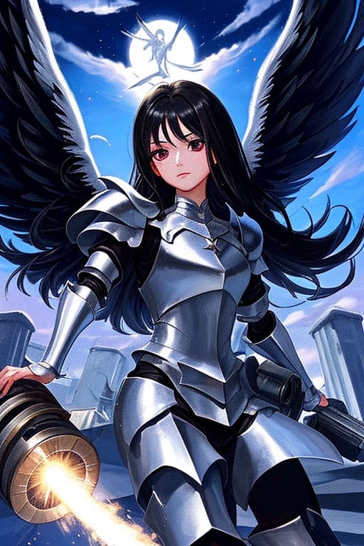 black haired angel with metallic wings wearing silver armor and a cannon in one arm