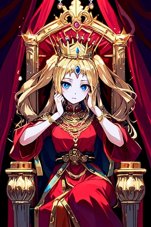 beautiful queen with blue eyes and golden hair wearing a red dress with a jewel encrusted golden crown on her head sitting on a throne